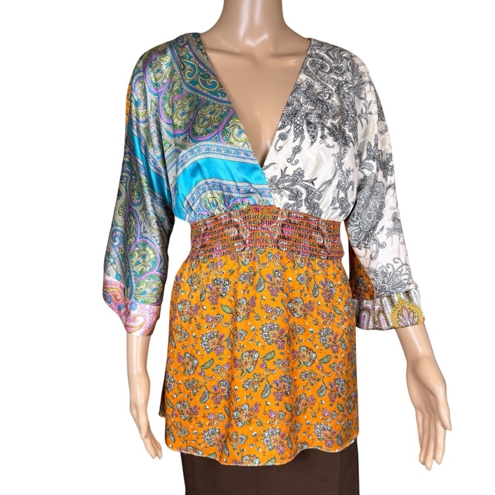 New Alice & Trixie 100% Silk Boho Multi Print Blouse Size M